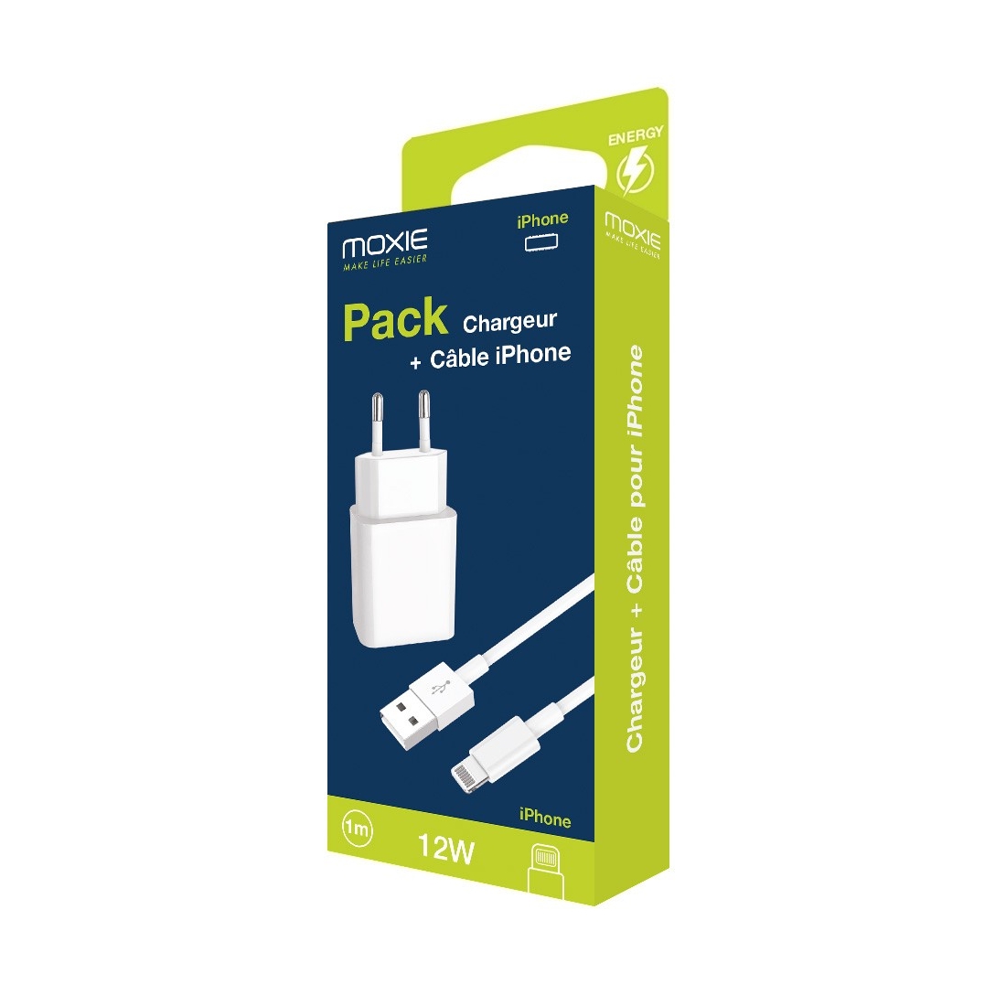 Pack chargeur secteur 2.4A + 1 câble lightning 1mètre - blanc
