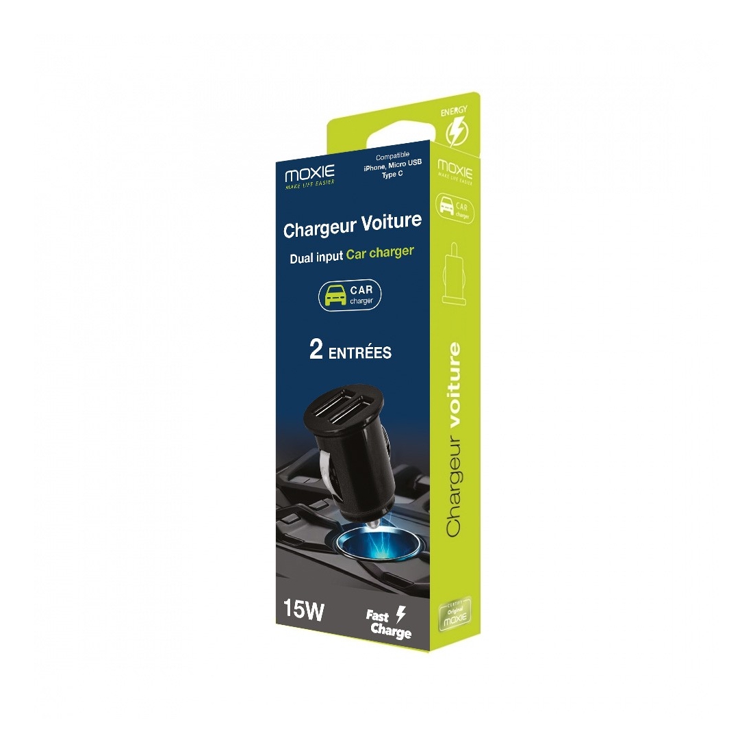 Mini chargeur allume-cigare universel 3A avec 2 entrées USB pour 1 smartphone + 1 tablette