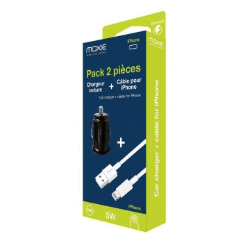 Chargeur voiture entrée USB + câble de charge Blanc pour iPhone  - sous packaging