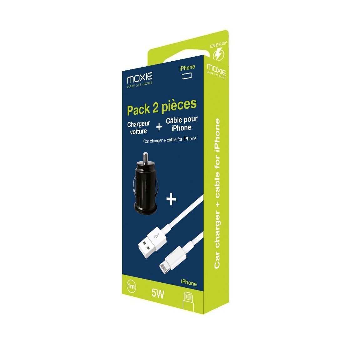 Chargeur voiture entrée USB + câble de charge Blanc pour iPhone  - sous packaging