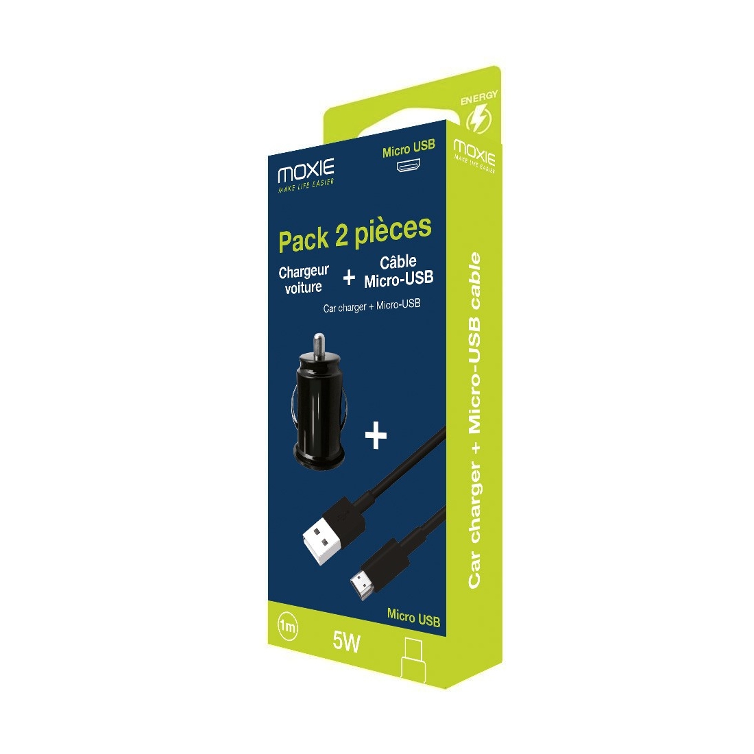 Pack chargeur voiture 1A + Cable data Micro USB sous packaging
