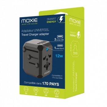 Adaptateur secteur Universel de Voyage Noir 5 prises +1 USB-A et 4 TYPE C