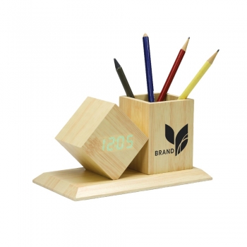 Horloge / pot à crayon en bois - bois naturel