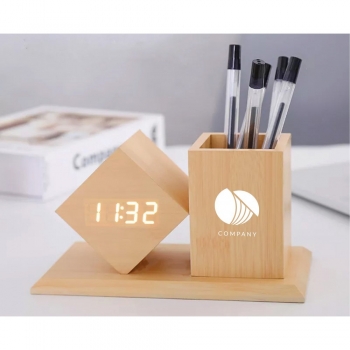 Horloge / pot à crayon en bois - bois naturel