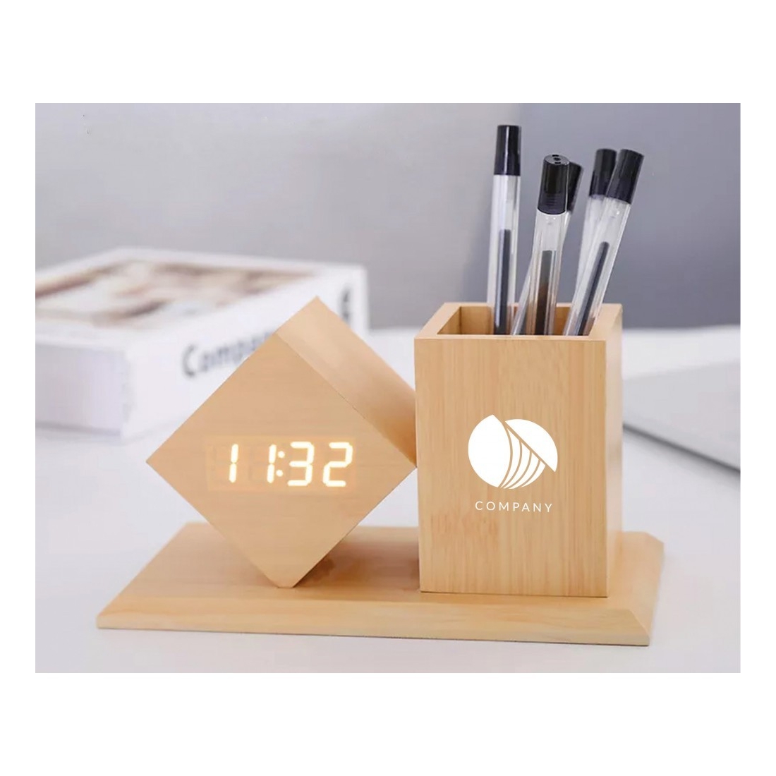 Horloge / pot à crayon en bois - bois naturel
