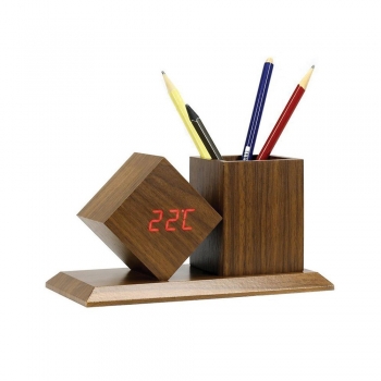 Horloge / pot à crayon en bois - bois foncé