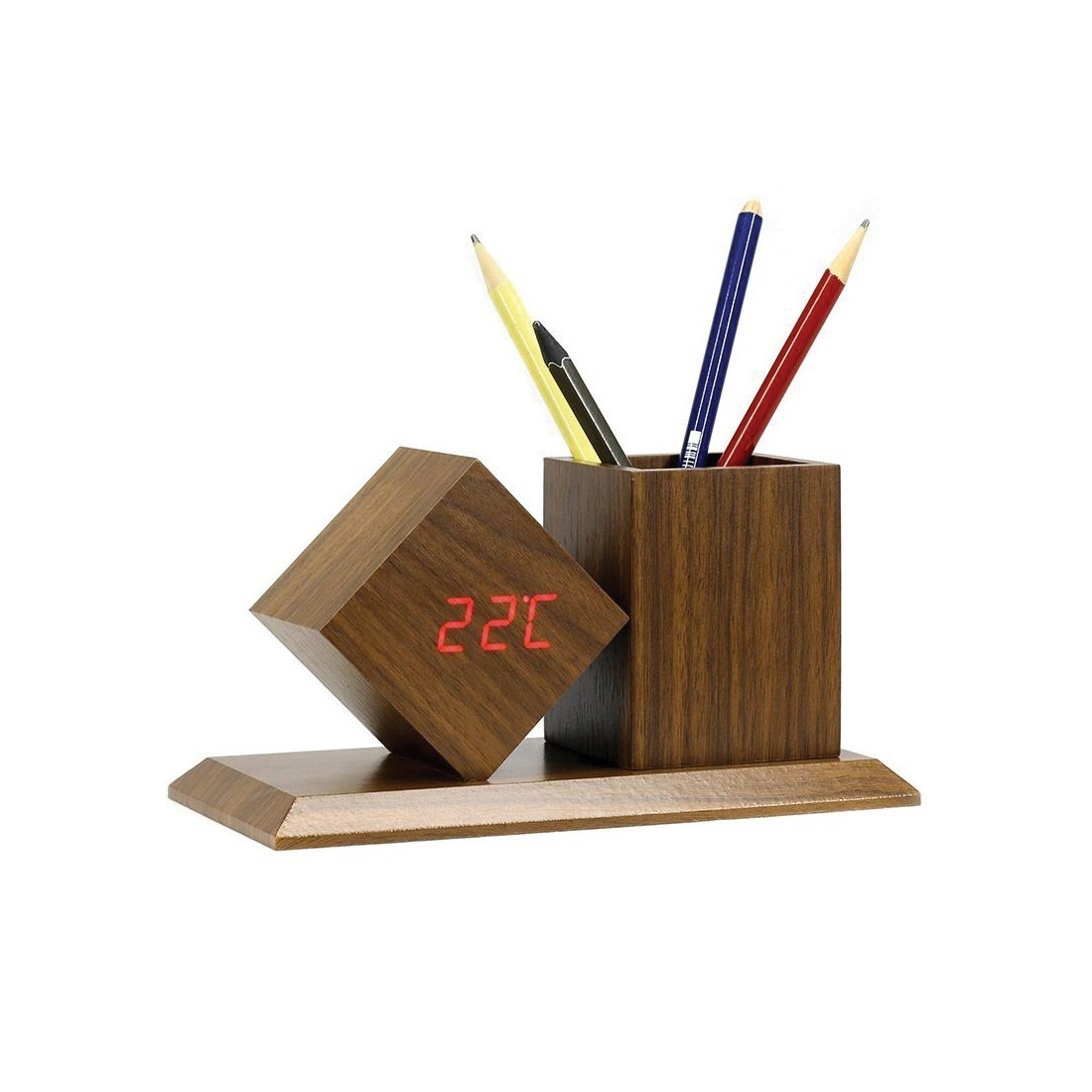 Horloge / pot à crayon en bois - bois foncé