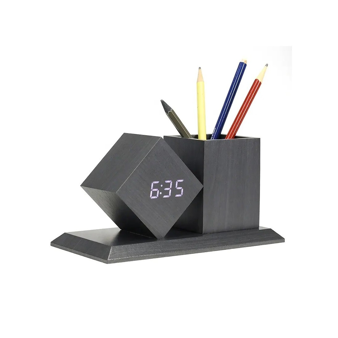 Horloge / pot à crayon en bois - noir