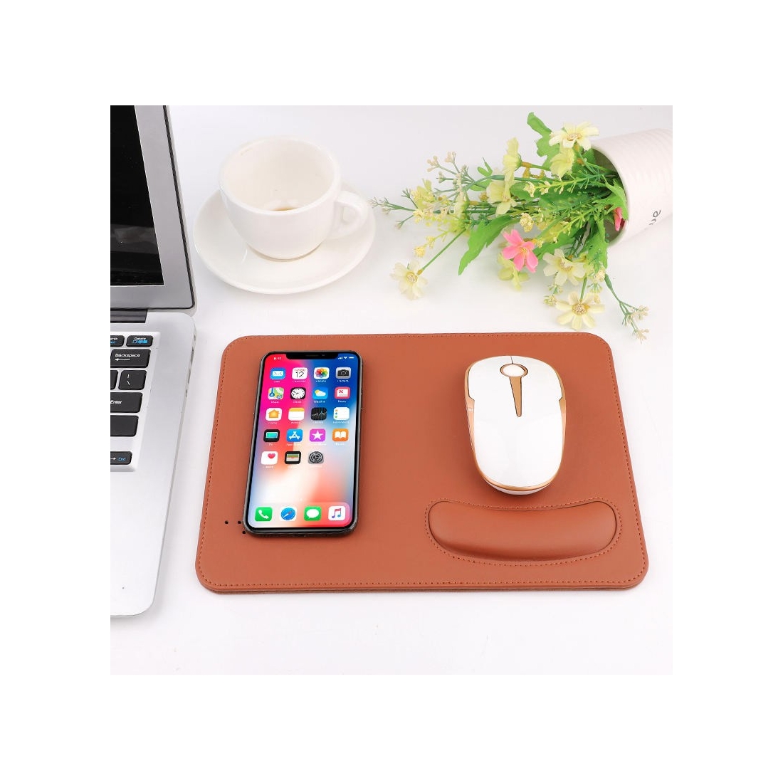 Tapis de souris en Cuir végétal avec chargeur à induction - Marron