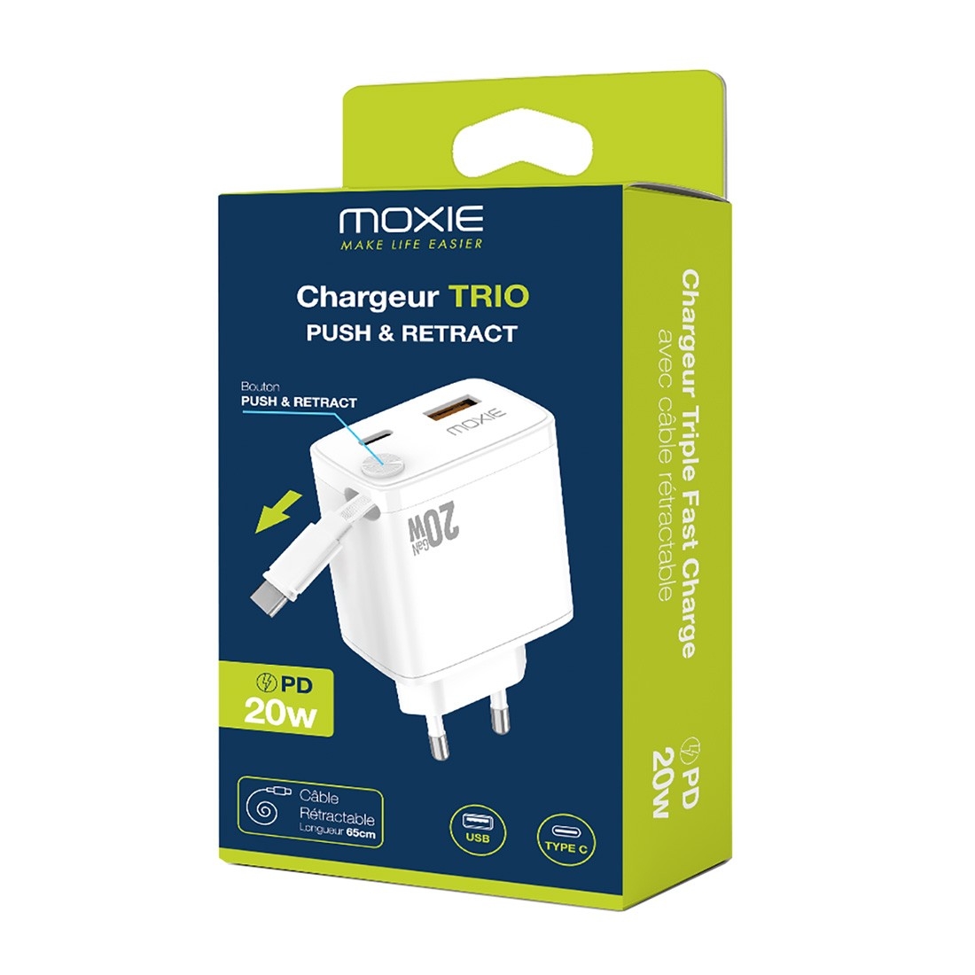 Chargeur secteur Fast charge 20W avec cable retractable Type-C