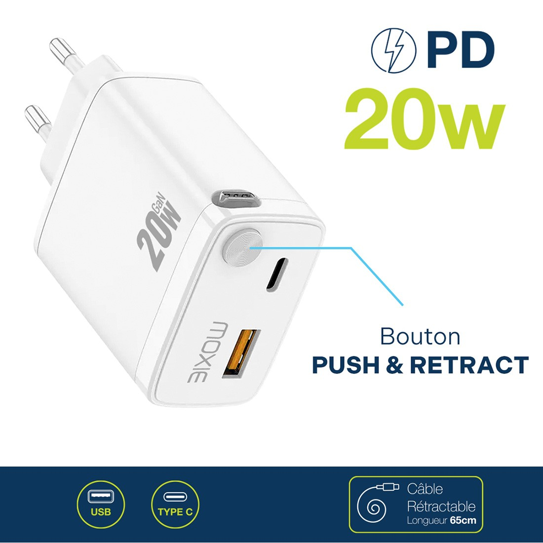 Chargeur secteur 20W Power Delivery avec câble Type-C rétractable