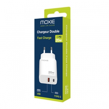 Chargeur Secteur 20W  Fast charge Power Delivery - 1 sortie Type-C / 1 sortie USB-A - Sous packaging