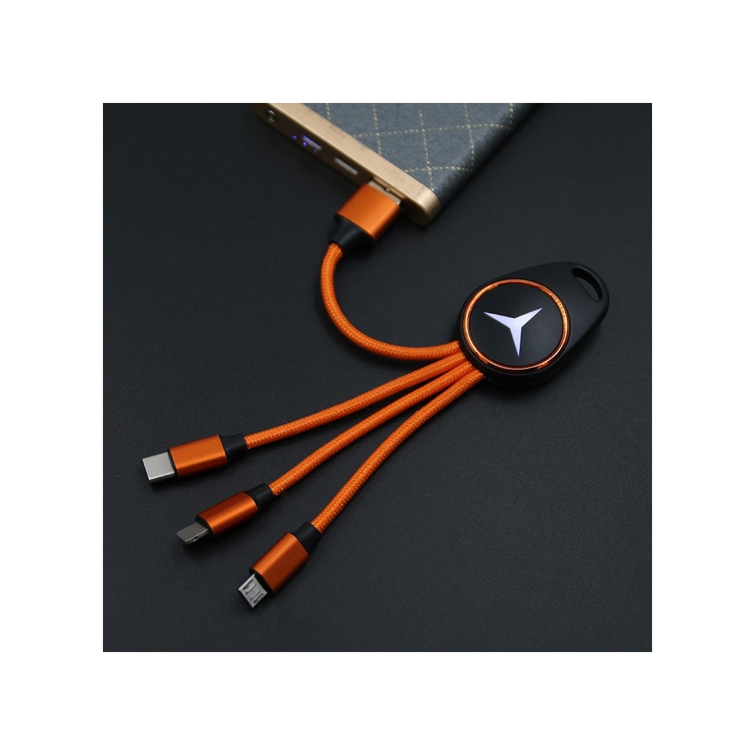 Porte clef lumineux avec câble data 3en1 - Orange