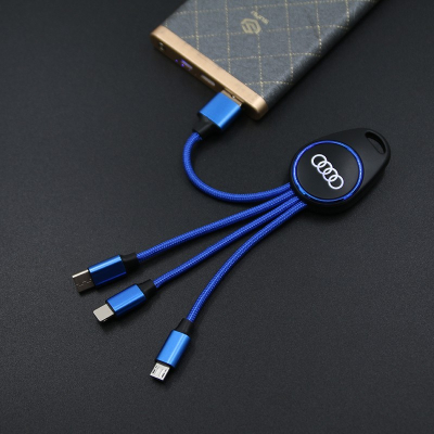 Porte clef lumineux avec câble data 3en1 - Bleu