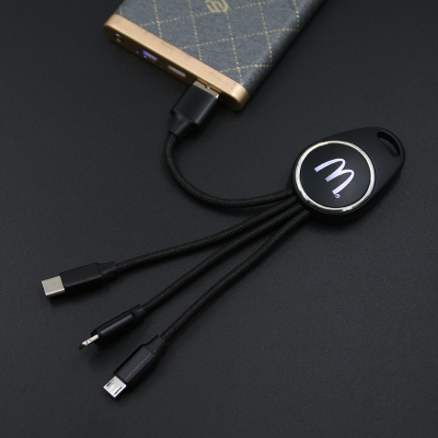 Porte clef Led avec câble data 3en1 - noir