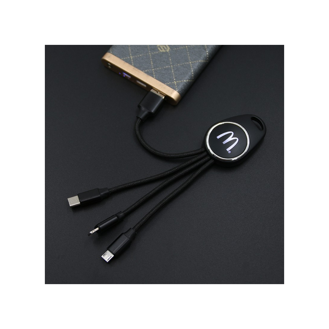 Porte clef Led avec câble data 3en1 - noir