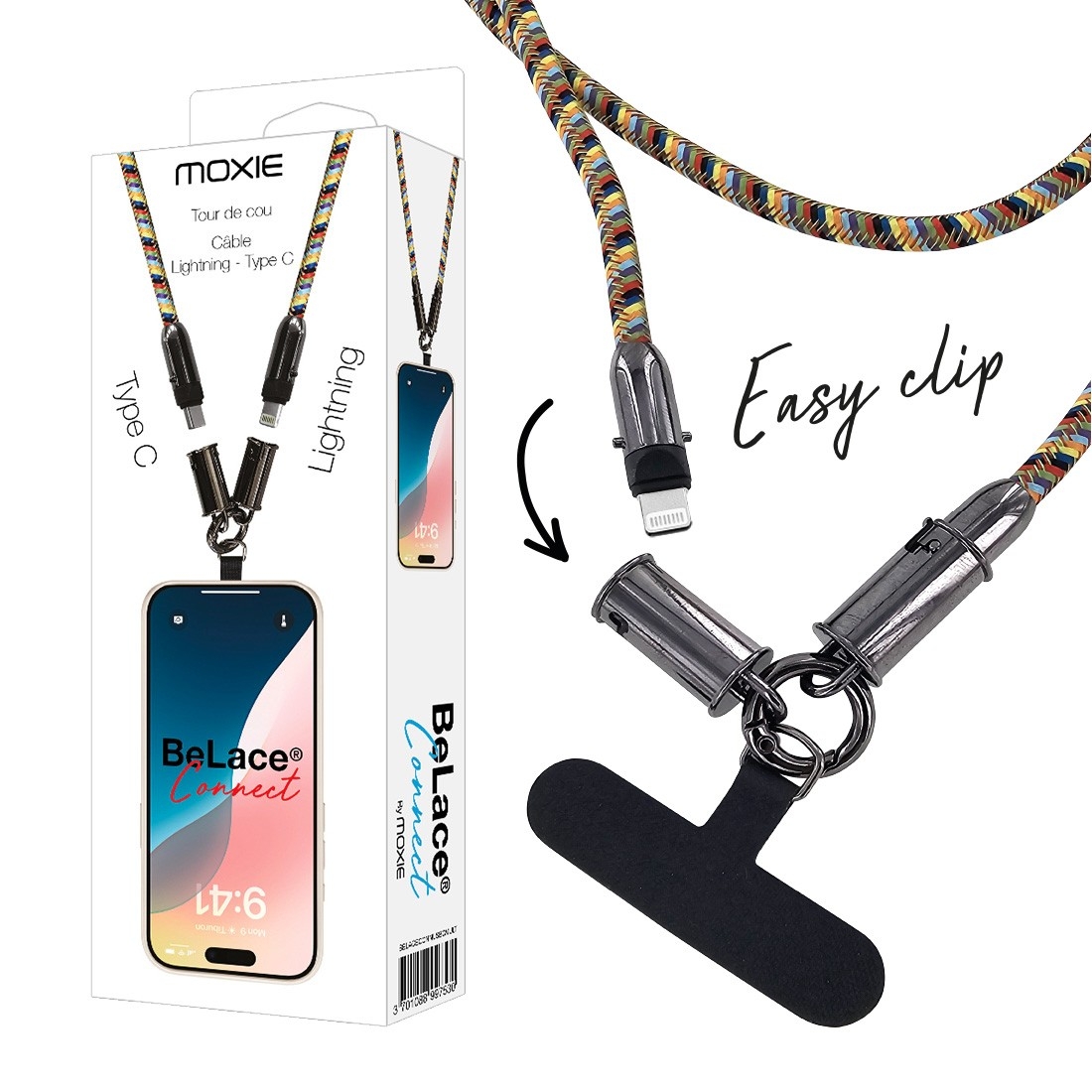Tour de cou 1.2m avec cable intégré Type-C vers lightning - multicouleur