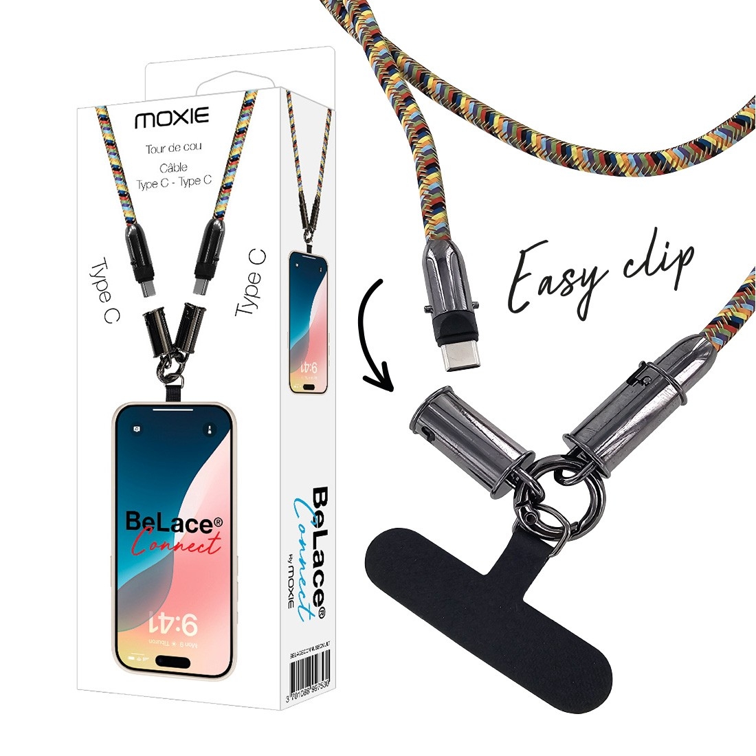Tour de cou 1.2m avec cable intégré Type-C vers Type-c - multicouleur