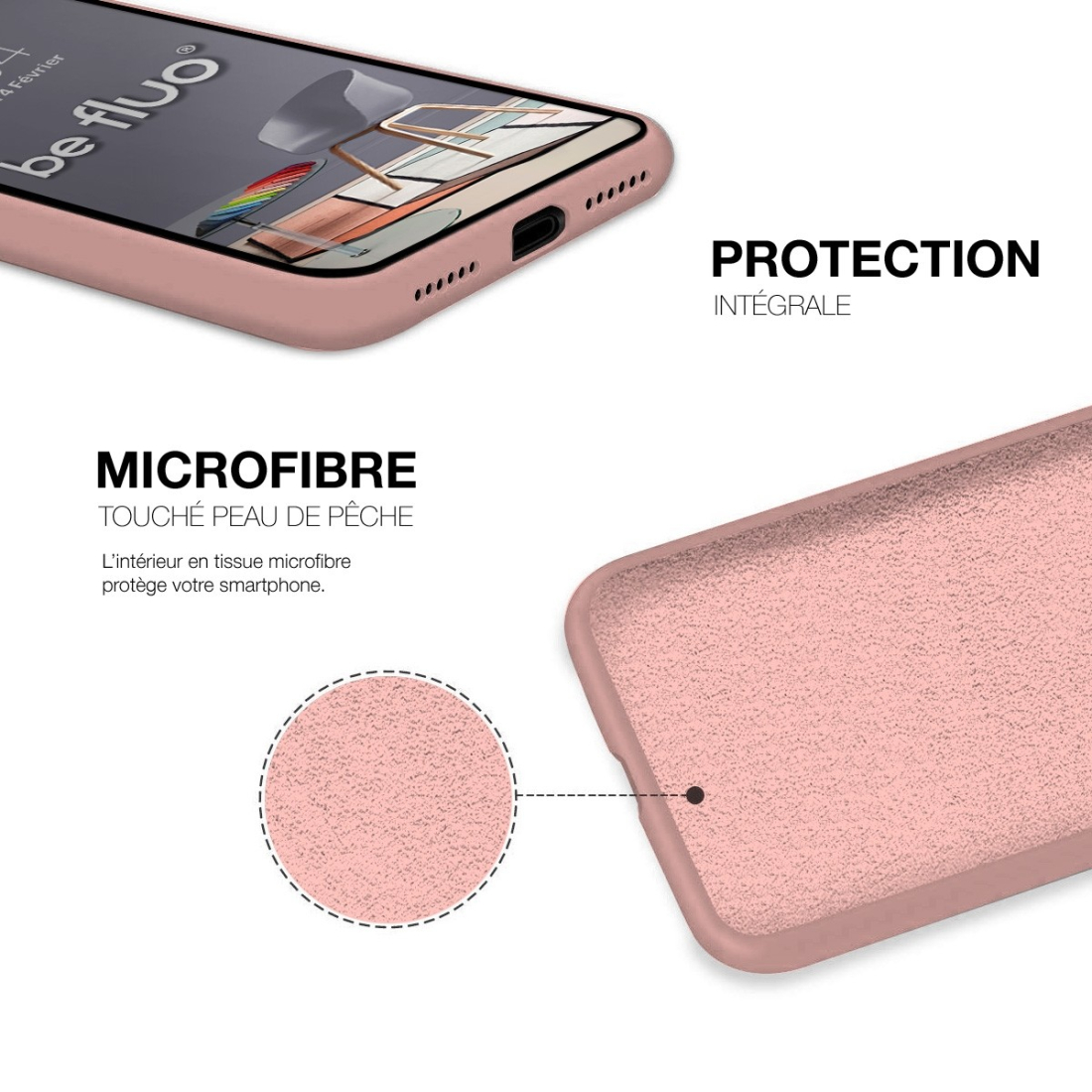 Coque Silicone Moxie BeFluo Fine et Légère pour iPhone 17, Intérieur Microfibre - Rose clair