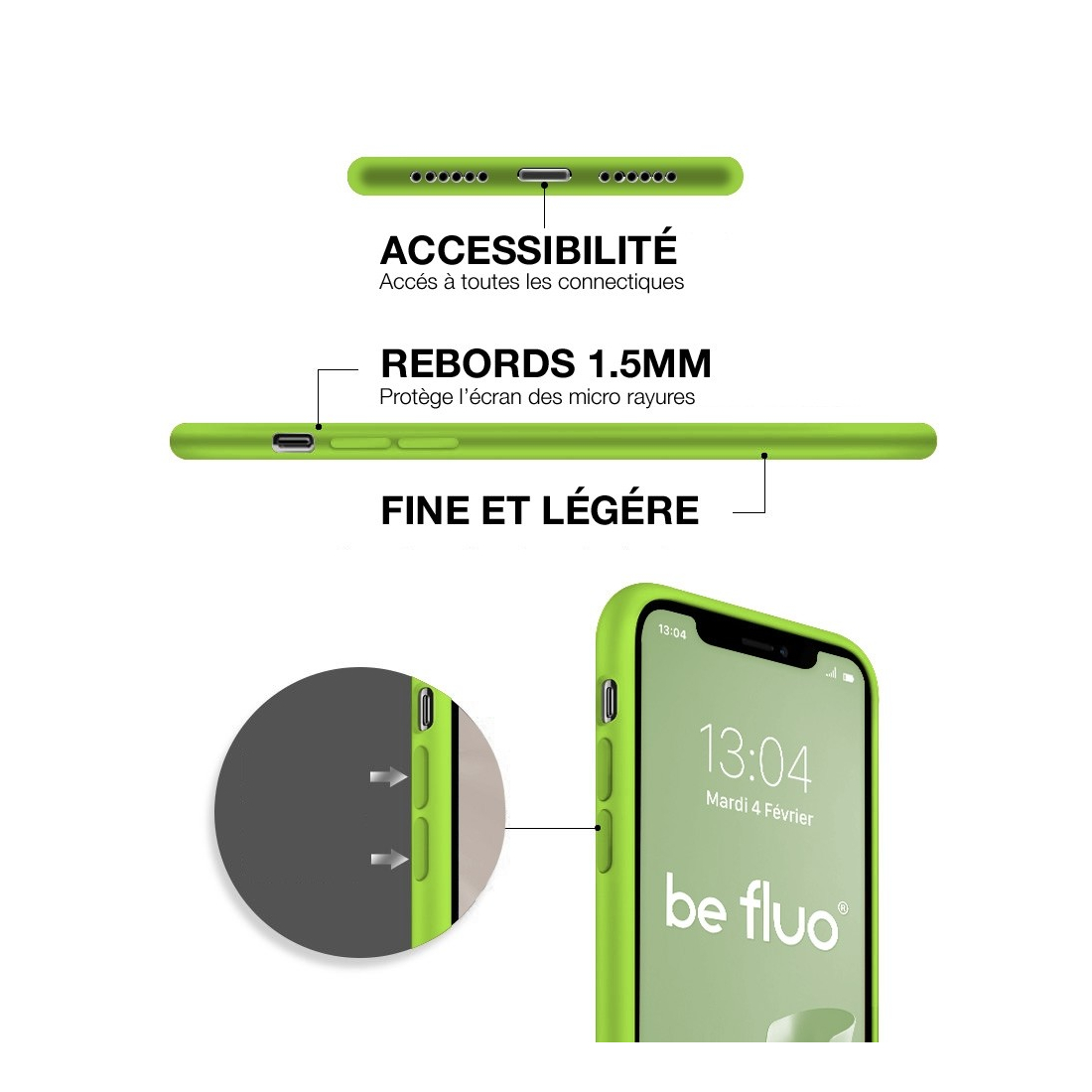 Coque Silicone Moxie BeFluo Fine et Légère pour iPhone 17, Intérieur Microfibre - Vert pomme