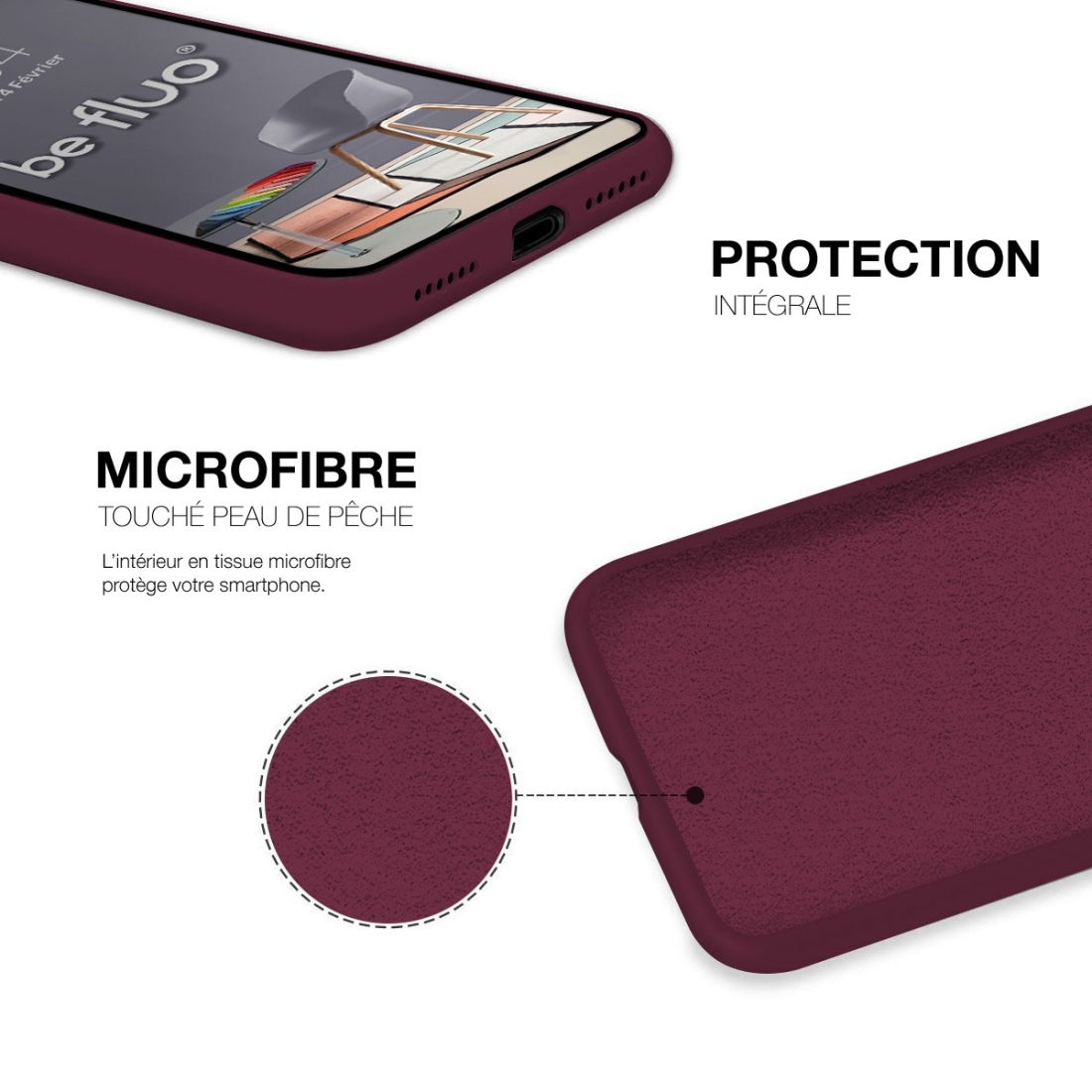 Coque Silicone Moxie BeFluo Fine et Légère pour iPhone 17 Pro, Intérieur Microfibre - Lie de vin
