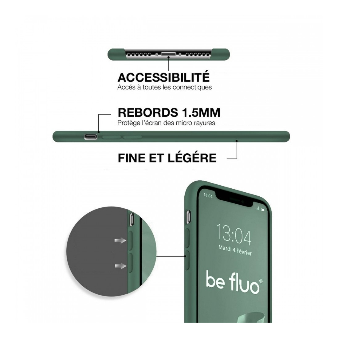 Coque Silicone Moxie BeFluo Fine et Légère pour iPhone 17 Pro, Intérieur Microfibre - Pin vert