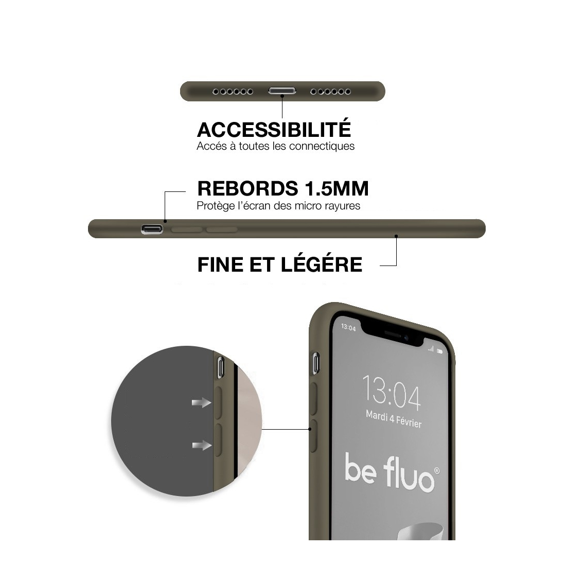 Coque Silicone Moxie BeFluo Fine et Légère pour iPhone 17 Pro, Intérieur Microfibre - Kaki