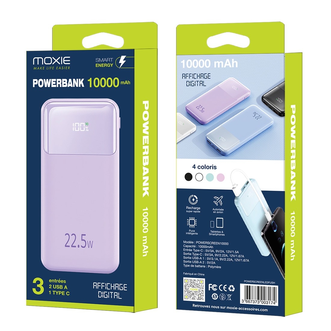 Batterie de secours avec affichage digital capacité 10000 mAh - Lavande