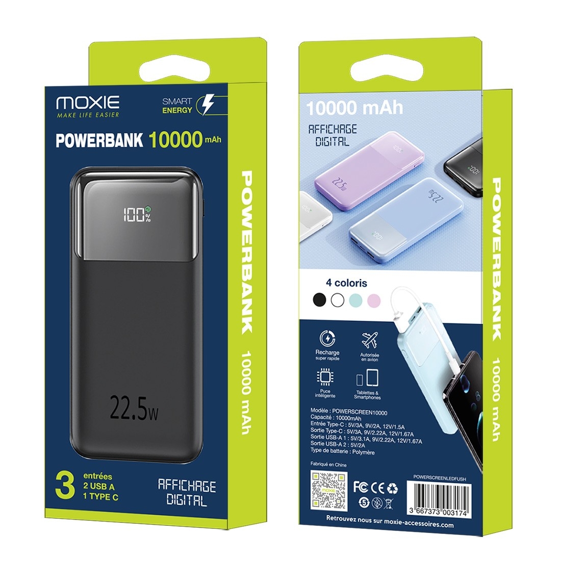 Batterie de secours avec affichage digital capacité 10000 mAh - Noir