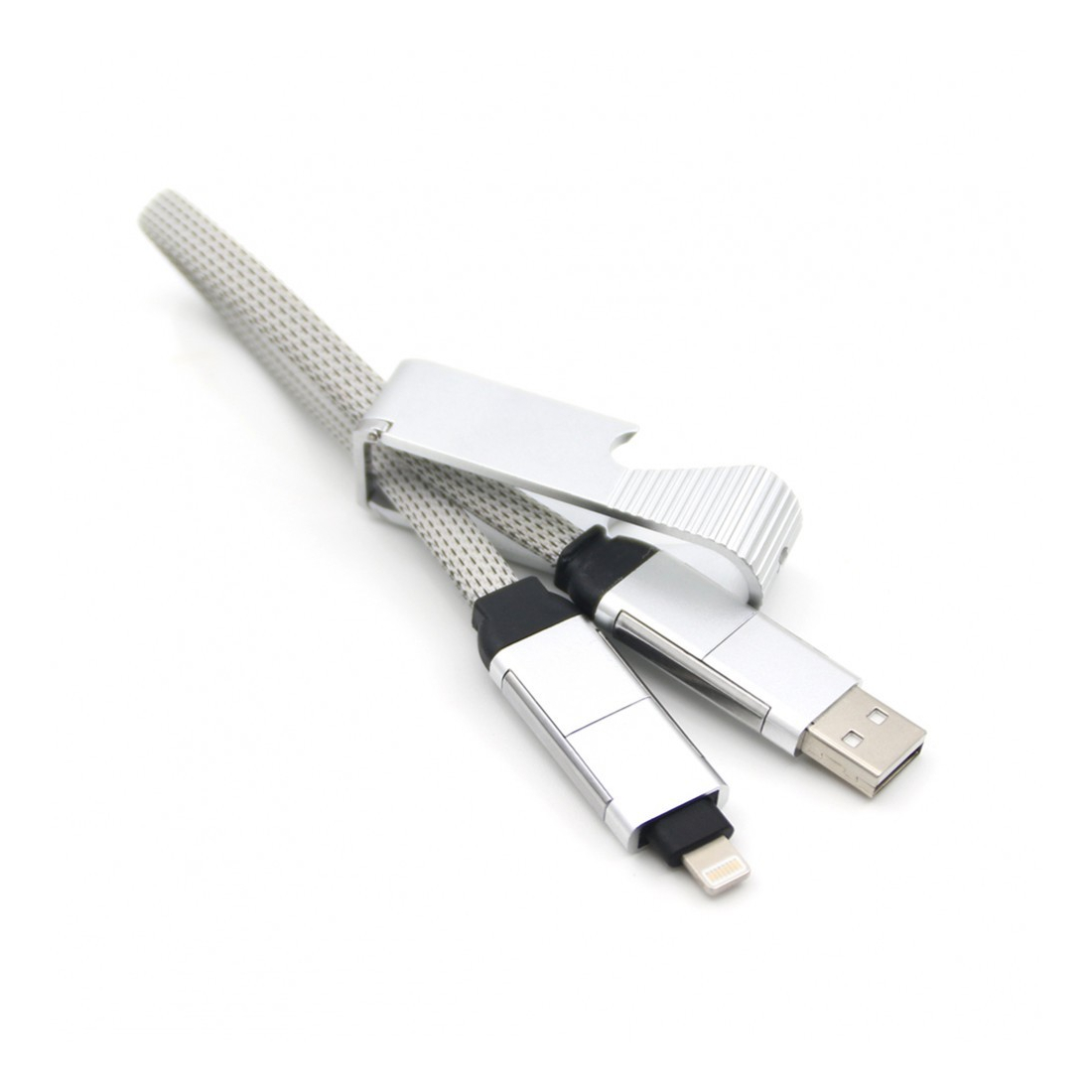 Porte clef ouvre bouteille avec cable data Type-C / lightning - Argent