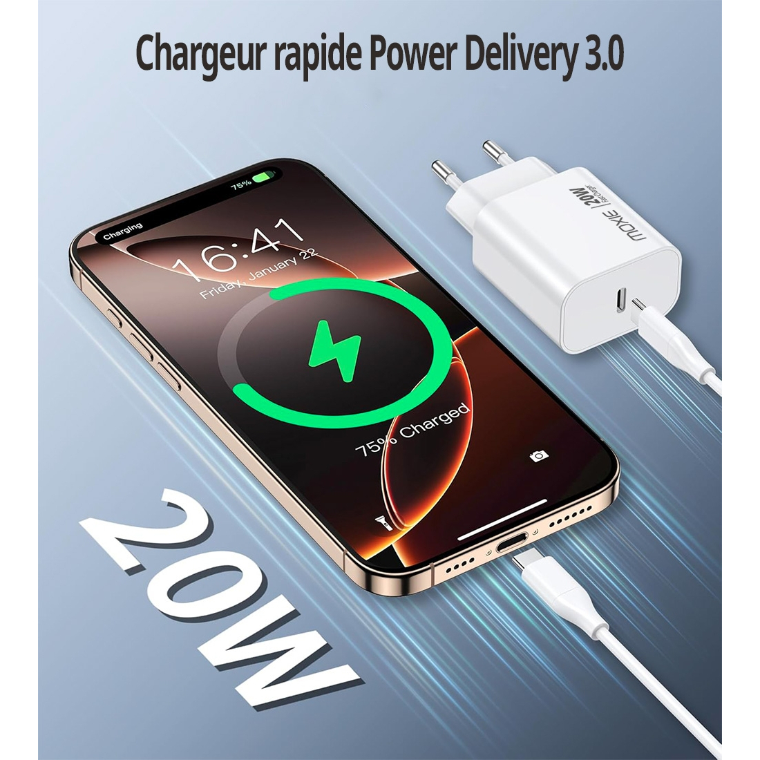 Chargeur secteur Pro 20W USB-C Power Delivery charge rapide - En vrac