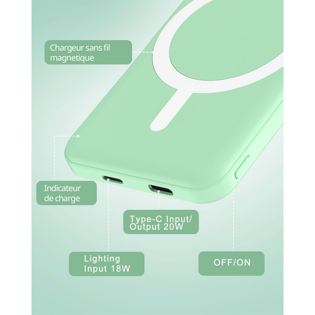 Batterie externe MagSafe 5000 mAh charge rapide - Vert
