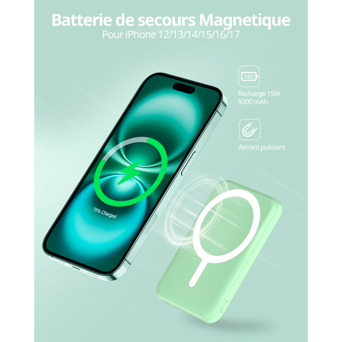 Batterie externe MagSafe 5000 mAh charge rapide - Vert