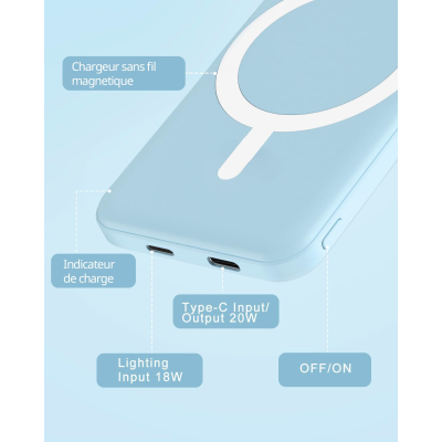 Batterie externe MagSafe 5000 mAh charge rapide - Bleu clair