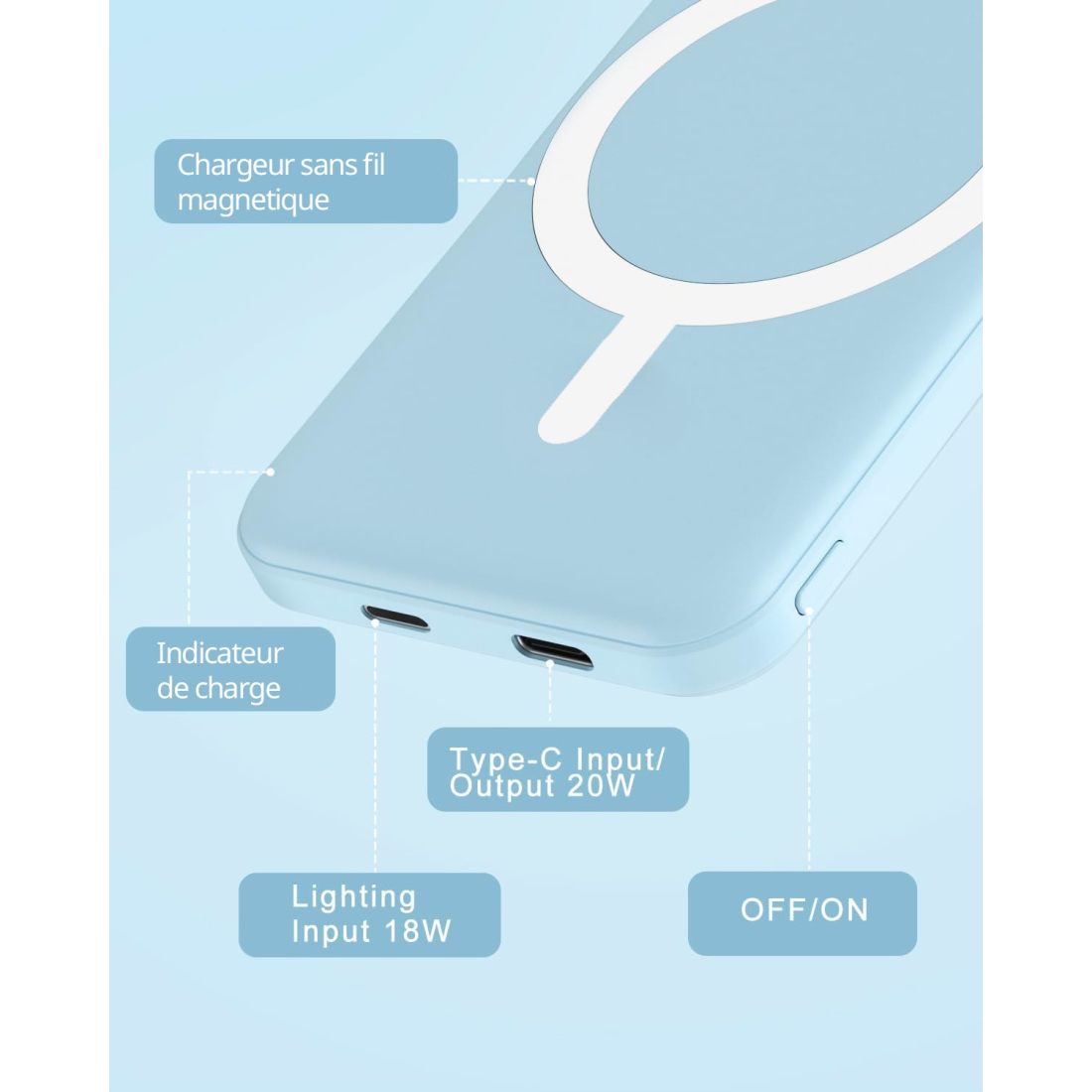 Batterie externe MagSafe 5000 mAh charge rapide - Bleu clair