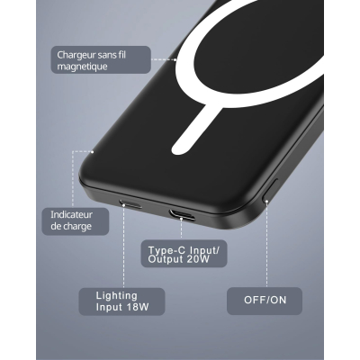 Batterie externe MagSafe 5000 mAh charge rapide - Noir