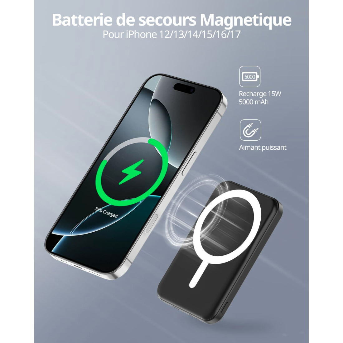 Batterie externe MagSafe 5000 mAh charge rapide - Noir