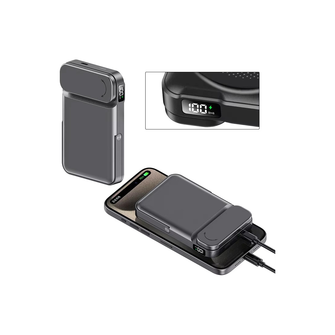 Powerbank MagSafe 10000 mAh 3 en 1 avec support intégré - Gris