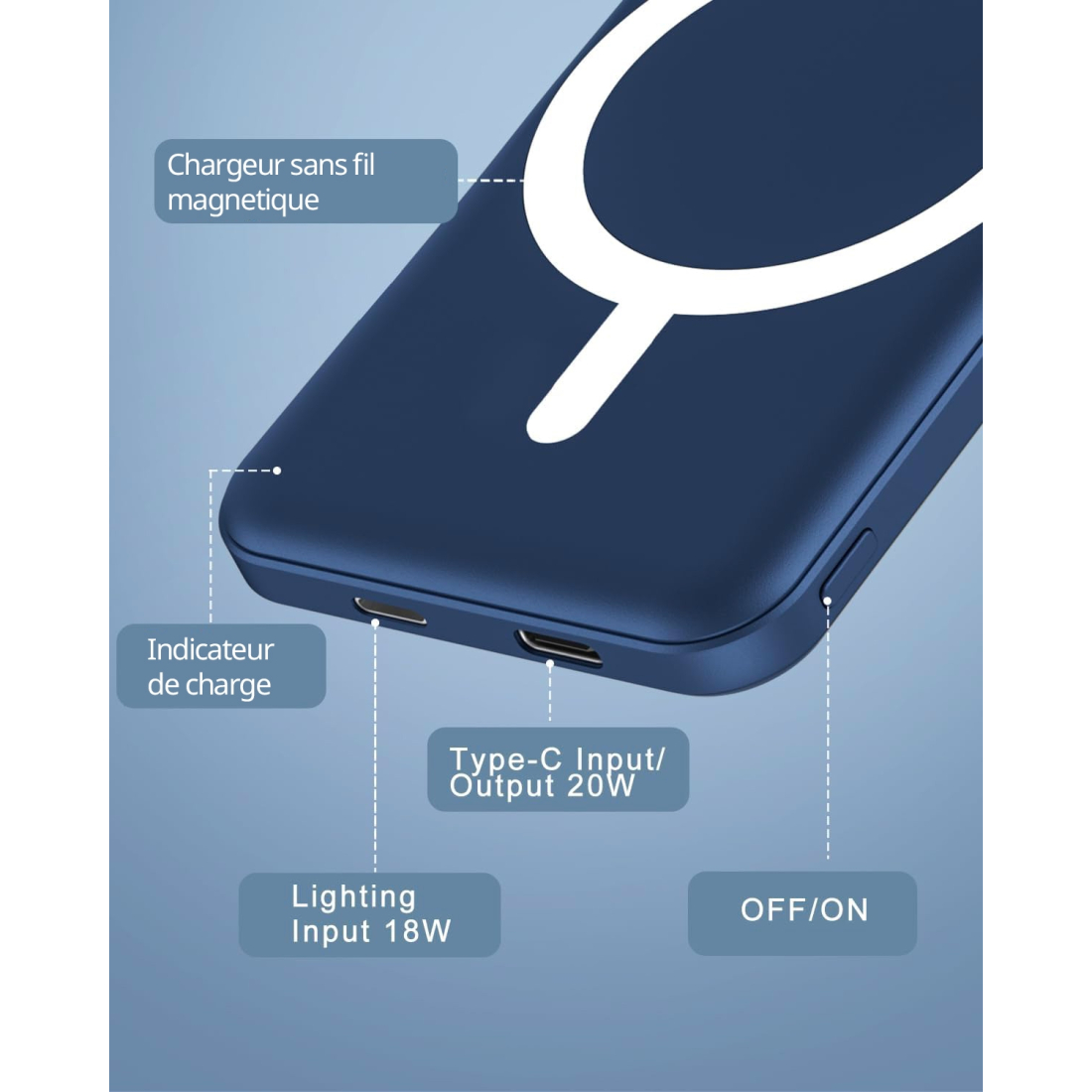 Batterie externe MagSafe 5000 mAh charge rapide - Bleu foncé