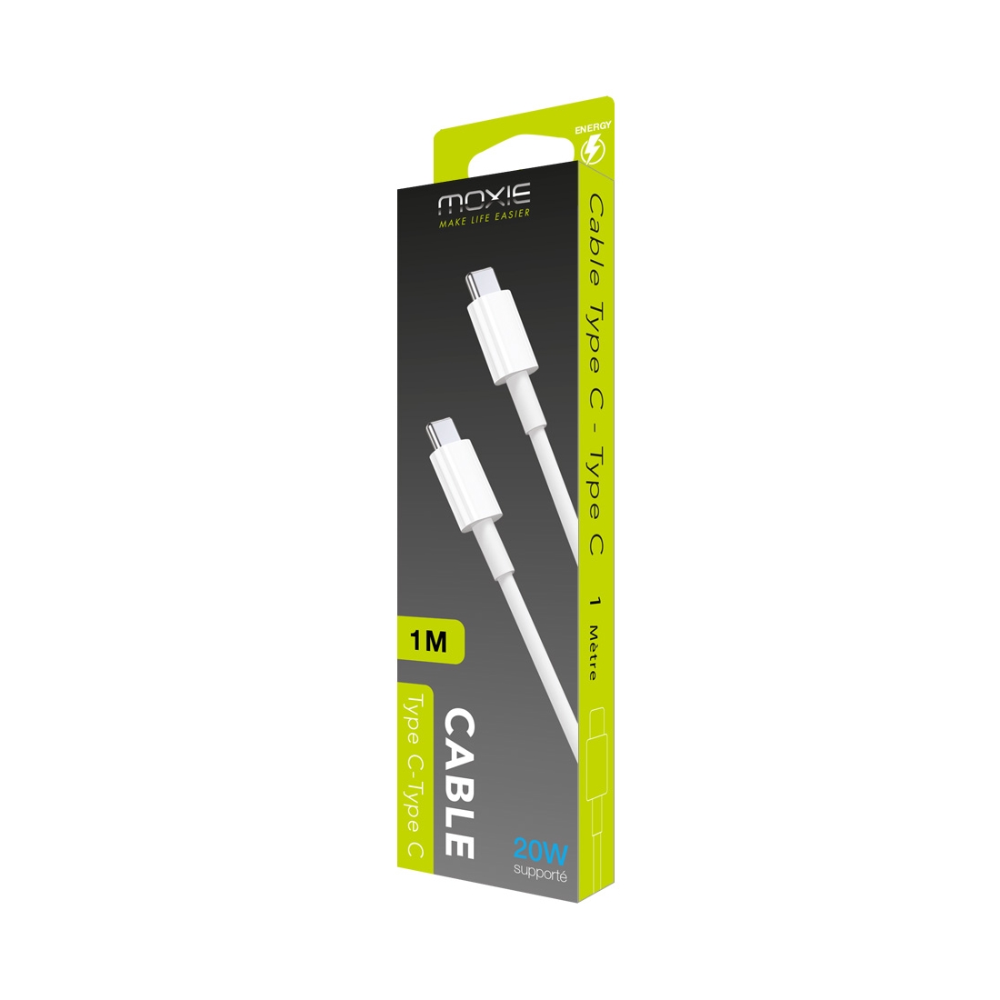 Câble de charge Moxie  Type C vers Type C compatible Power Delivery packagé - longueur 1M