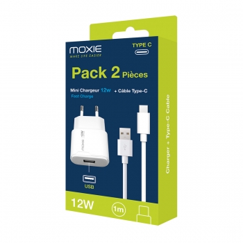 Pack Chargeur secteur 12W Mini et câble de charge USB-A vers USB-C
