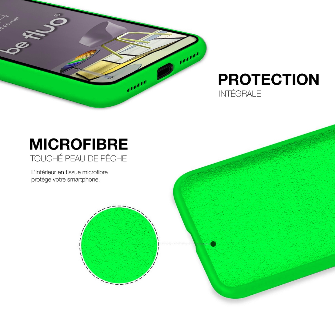Coque Silicone Moxie BeFluo Fine et Légère pour iPhone 16 Pro, Intérieur Microfibre - Vert Fluo