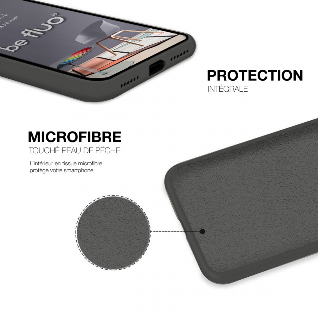 Coque Silicone Moxie BeFluo Fine et Légère pour iPhone 16 Plus, Intérieur Microfibre - Gris anthracite