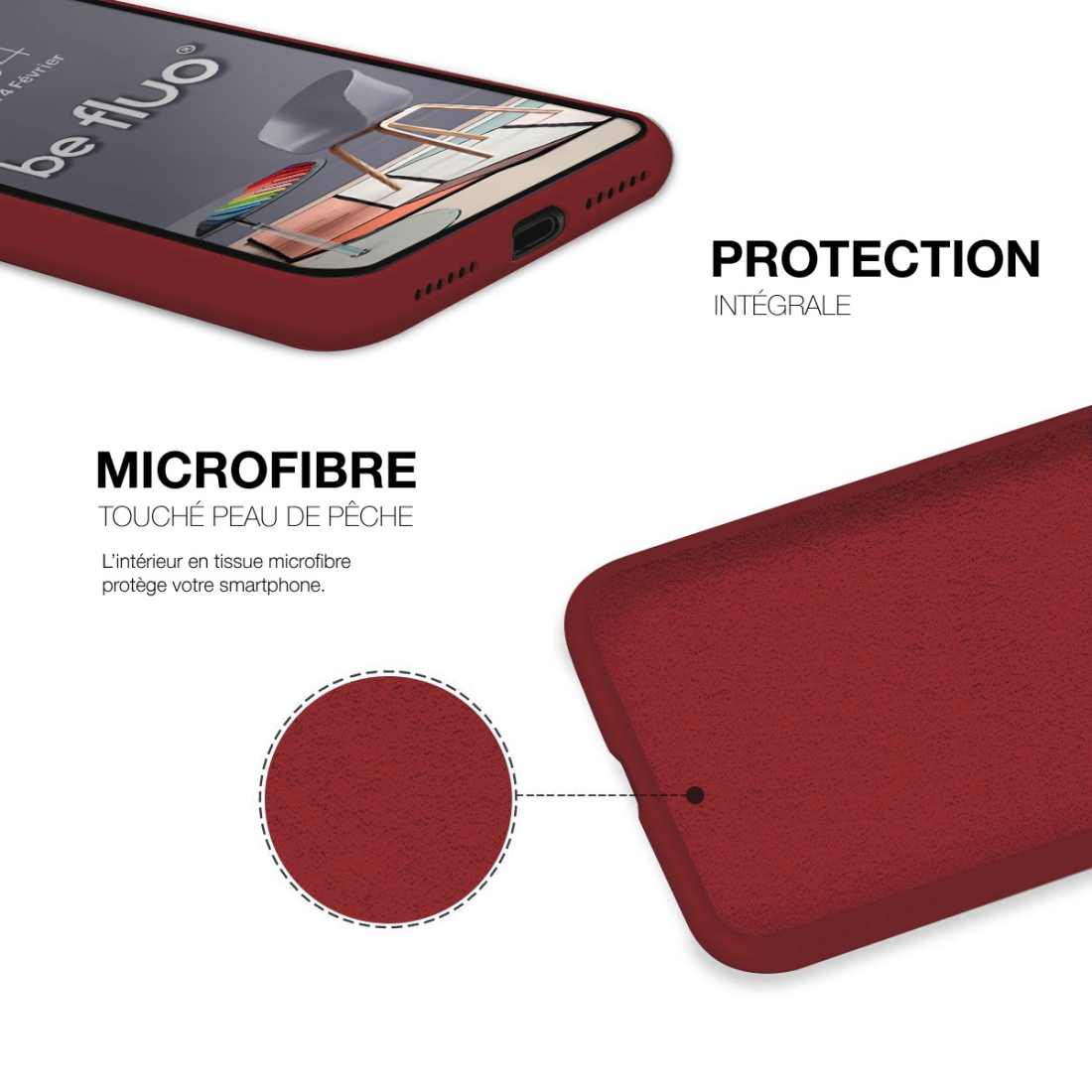 Coque Silicone Moxie BeFluo Fine et Légère pour iPhone 16 Pro, Intérieur Microfibre - Dark Cherry