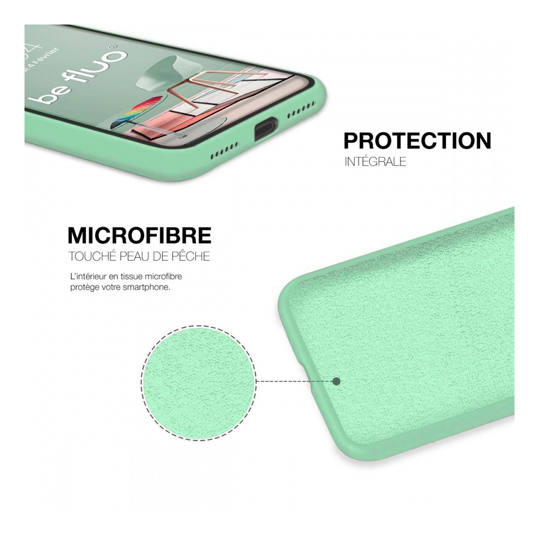 Coque Silicone Moxie BeFluo Fine et Légère pour iPhone 17, Intérieur Microfibre - Menthe poivrée