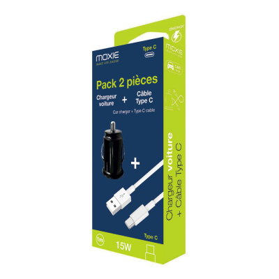 Câble data Moxie Noir USB Type C + Chargeur allume-cigare entrée USB Blisté