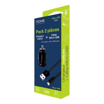 Chargeur allume-cigare 2 entrée USB 3A + Câble data Micro-USB Noir