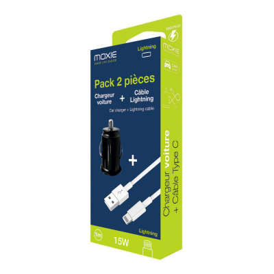 Câble data lightning Moxie Blanc + Chargeur allume-cigare Noir 3A entrée USB Blisté