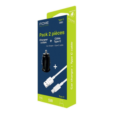Chargeur allume-cigare 1 entrée USB + Câble data Moxie 1A Noir Type C