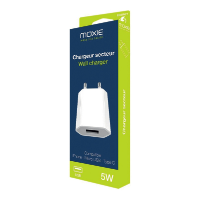 Chargeur Secteur Moxie Blanc Norme Européenne CE avec entrée USB 1A Blisté